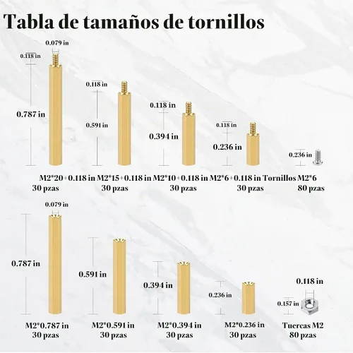 Vista 2 de Kit de 400 Piezas de Separadores y Tornillos y Tuercas M2 para Placa Base, Separadores Espaciadores de Latón Hexagonales Macho-Hembra, Tornillos