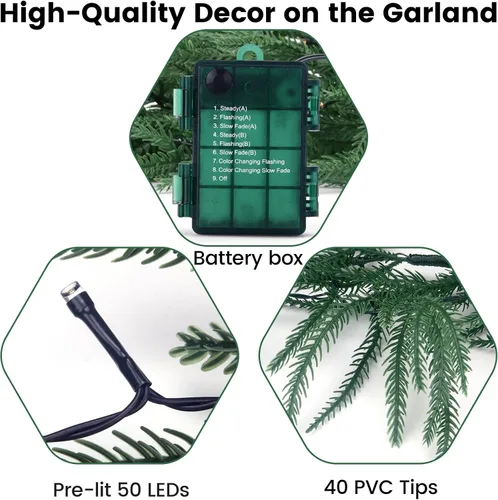 Vista 3 de Guirnalda de Navidad de pino Norfolk preiluminada de 6 pies con luces LED y control remoto – Guirnalda iluminada a pilas para repisa de chimenea