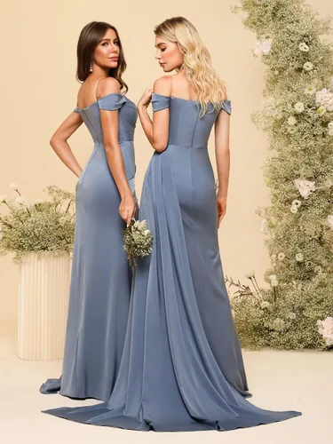 Vista 2 de TIRAS Vestidos de fiesta de sirena de satén 2024 para mujer, con hombros descubiertos, vestido de fiesta de graduación con abertura de cola CM266