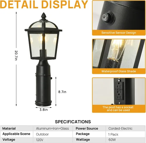Vista 2 de Luz de poste al aire libre del atardecer al amanecer con salida GFCI, lámpara de poste de aluminio impermeable, lámpara de poste de poste de luz