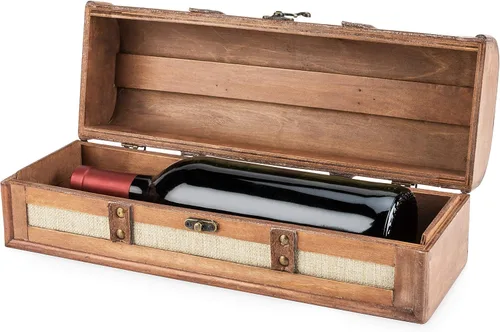 Vista 8 de Twine Caja de regalo vintage para botella de vino, caja de vino de madera con tapa y asa, madera, piel sintética, latón, tela, capacidad para 1