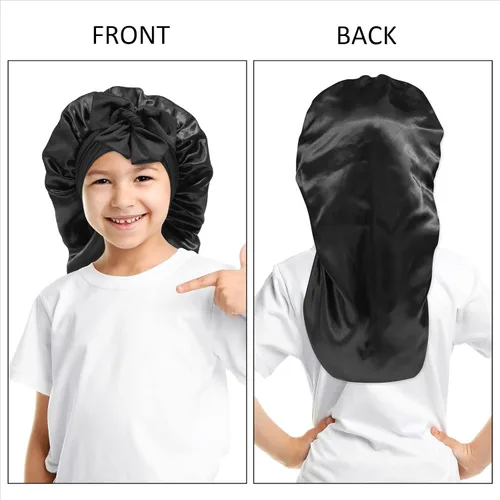 Vista 2 de AWAYTR Gorro de satén para niñas con trenzas de pelo largo para dormir Negro