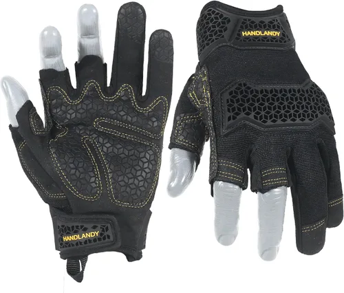 Vista 14 de HANDLANDY Guantes tácticos de impacto sin dedos para hombre, guantes de trabajo con agarre acolchado de medio dedo, guantes de conductor de Verde