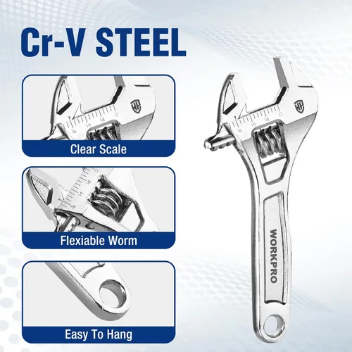 Vista 5 de WORKPRO - Llave ajustable de 4 pulgadas de servicio pesado con escala imperial y métrica, llave premium de acero Cr-V, cromada