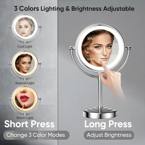 Vista 4 de GURUN Espejo de maquillaje con iluminación LED de 8.5 pulgadas con aumento de 10 aumentos de doble cara, con enchufe de acabado cromado M2208D