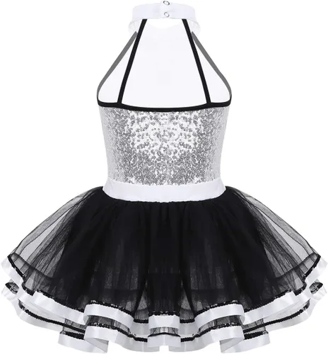 Vista 3 de Moily Leotardo de lentejuelas con cuello halter para niñas, faldas tutú, ballet, moderno, jazz, baile latino, vestido de escenario Negro&blanco