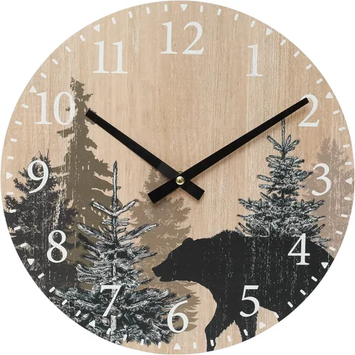 Vista 3 de SwallowLiving Reloj de pared con oso de cabaña, 12 pulgadas, silencioso, sin tictac, bosque de madera, vida silvestre, montaña, cabaña, reloj
