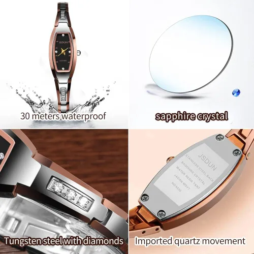 Vista 5 de JSDUN Reloj de cuarzo de lujo con forma cuadrada de diamante para mujer correa de acero de tungsteno impermeable juego de regalo