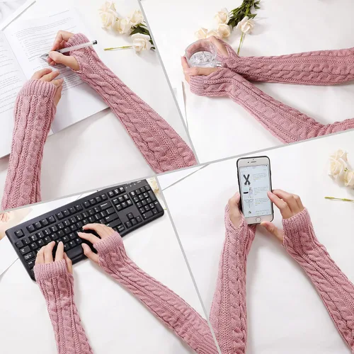 Vista 12 de Bellady Guantes de invierno para mujer, cálidos sobre el codo, guantes largos sin dedos con agujero para el pulgar, guantes de punto para calentar