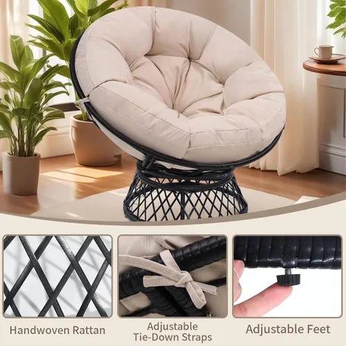 Vista 4 de KROFEM Silla Papasan Gigante de Ratán Ergonómica Extragrande de 46" con Cojín Suave y Grueso para Adultos, Giro Fluido de 360°, Resistente al Agua