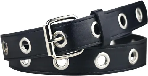 Vista 6 de Grommet Belt Women, Black Studded Belt Adjustable for Teens Negro-oro
