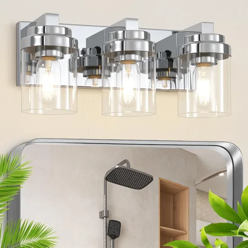 Vista 9 de Luces de tocador, lámparas de baño de 38 pulgadas sobre espejo, 6 luces de tocador de baño con pantalla de vidrio transparente, lámparas de pared