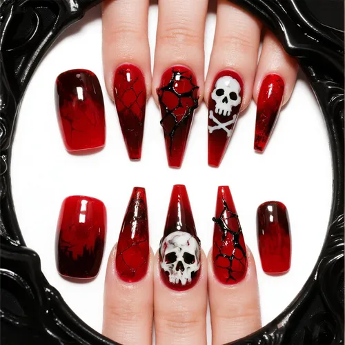 Vista 10 de Paquete de 6 144 uñas acrílicas de Halloween a presión, uñas postizas reutilizables de cobertura completa, uñas postizas adhesivas con pegamento