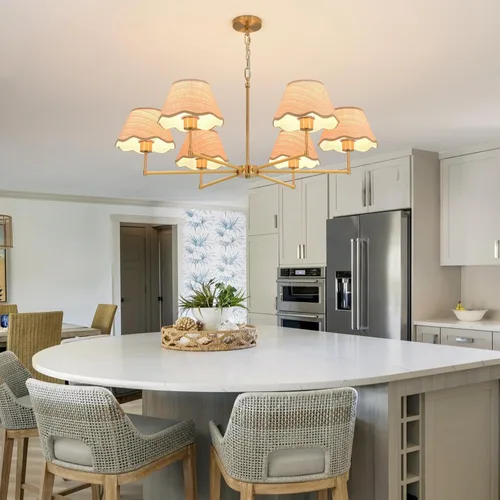 Vista 7 de Candelabro de ratán bohemio de 6 luces de 39 pulgadas, lámpara colgante de ratán con pantalla tejida a mano, altura ajustable, lámpara de comedor