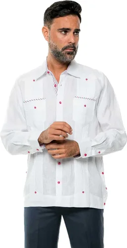 Vista 4 de Mojito Men's 100% Linen Guayabera Shirt Long Sleeve Print Trim Accent M-4019