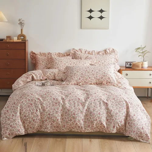 Vista 2 de HighBuy Juego de funda de edredón floral rosa, tamaño individual, de algodón, coqueta, de princesa, con volantes, con 2 fundas de almohada de encaje
