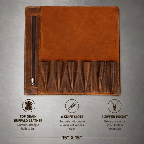 Vista 4 de Tolredo - Estuche de piel de búfalo para cuchillos de chef, 6 ranuras y 1 bolsillo con cremallera para almacenamiento culinario, bolsa portátil