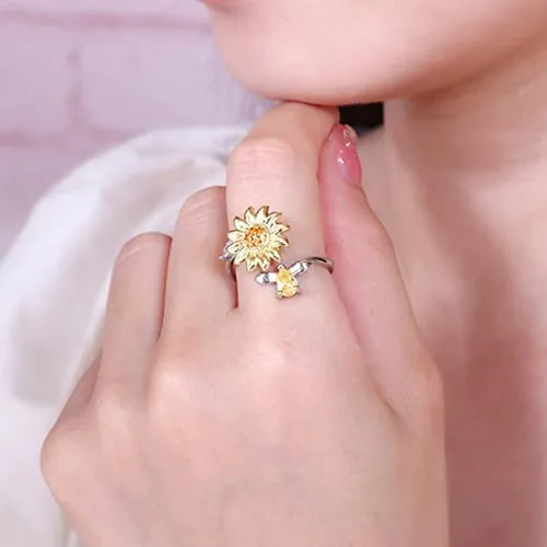Vista 2 de Banemi Anillos antiestrés para la ansiedad para mujeres, anillo giratorio de flor de circonita cúbica, regalo de joyería para esposa, niña, día