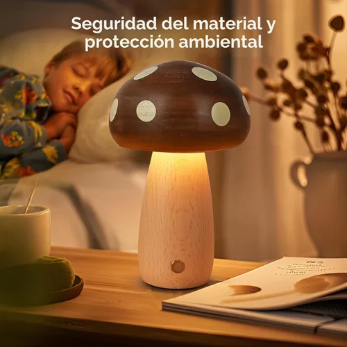 Vista 8 de LONRISWAY Paquete de 2 lámparas de mesa LED de madera con forma de hongo, lámparas pequeñas recargables inalámbricas táctiles, luz nocturna