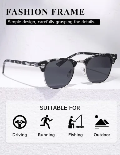 Vista 3 de AEVOGUE Gafas de sol polarizadas para mujeres y hombres con montura semi sin montura retro AE0369 (lente gris negro mate y lente gris carey gris)