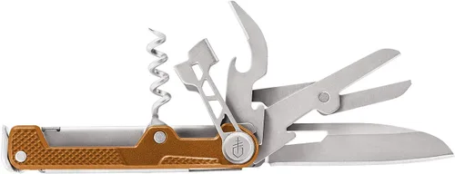 Vista 6 de Navaja de bolsillo Gerber Gear Armbar de corcho EDC multiherramienta con cuchilla, palanca y martillo para acampar, dorado