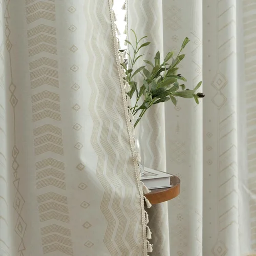 Vista 3 de Cortinas Boho ColorBird Beige Crema opacas, 2 paneles de 63 pulgadas de largo, tratamiento para ventanas con aislamiento térmico, estampado