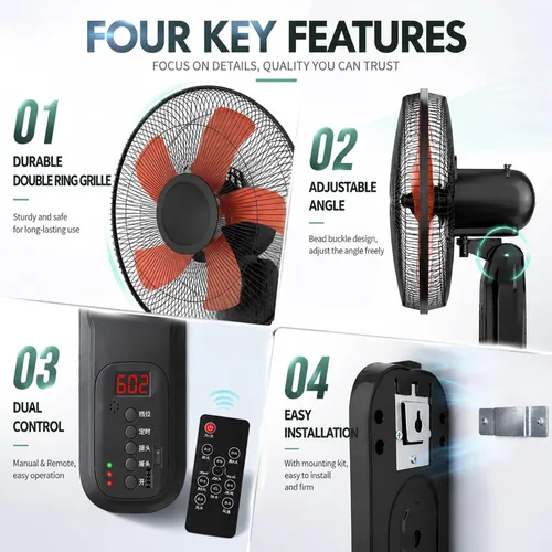 Vista 3 de Ventilador solar montado en la pared de 16" para patio con control