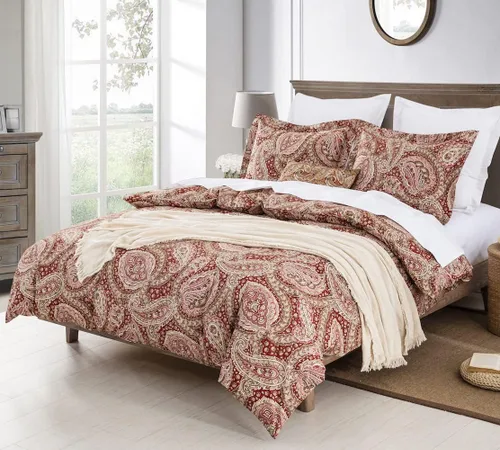 Vista 4 de DAUAOTO Juego de funda de edredón tamaño completo 82"X86" + 2 fundas de almohada, ropa de cama de algodón floral paisley rojo dorado, cierre