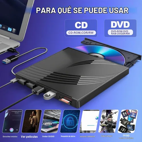 Vista 3 de BPAKDU - Unidad externa de CD/DVD para laptop, grabadora de CD ultra delgada, concentrador USB 3.0 con 4 puertos USB, 2 ranuras para tarjetas TF/SD