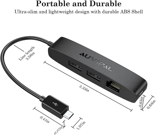 Vista 6 de 3 en 1 Adaptador Ethernet Micro USB, Hub OTG con 2 Puertos USB y 1 Puerto RJ45 para Fire TV Stick, Raspberry Pi Zero, Google Chromecast Ultra
