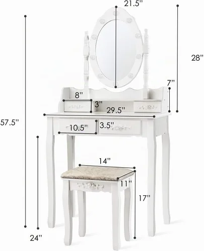 Vista 7 de CHARMAID Tocador de maquillaje con 10 luces LED, 4 cajones, estante de almacenamiento, perilla en forma de rosa, tocador de maquillaje