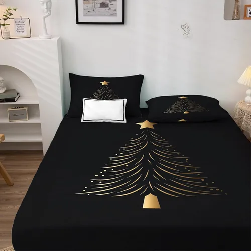 Vista 3 de Sábanas de árbol de Navidad tamaño individual, sábanas de cama negras y doradas, microfibra suave, bolsillo profundo, sábanas y fundas de almohada
