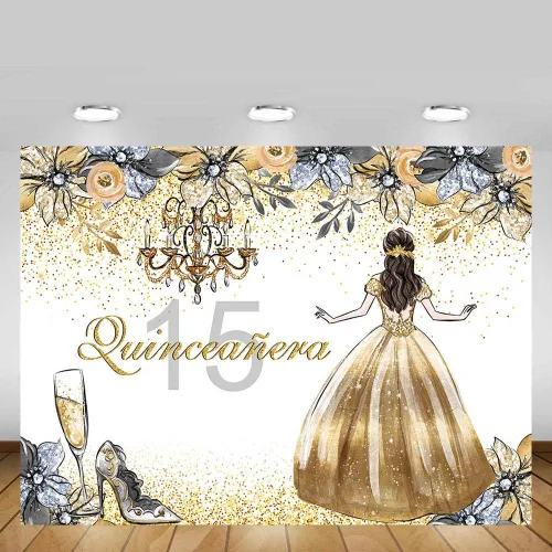 Vista 2 de MEHOFOTO - Fondo de cabina de estudio fotográfico de quinceañera de quinceañera con purpurina dorada y plateada floral dulce 15 membrillo niña años