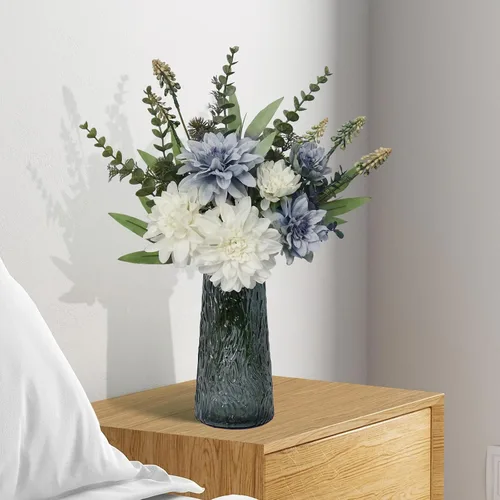 Vista 7 de Flores falsas con jarrón, flores artificiales de seda en jarrón, plantas falsas y arreglo de flores artificiales para centros de mesa, decoraciones
