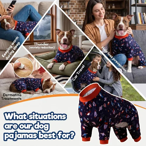 Vista 5 de LovinPet Pijama Pitbull, pijama para perro, estampado de naves espaciales