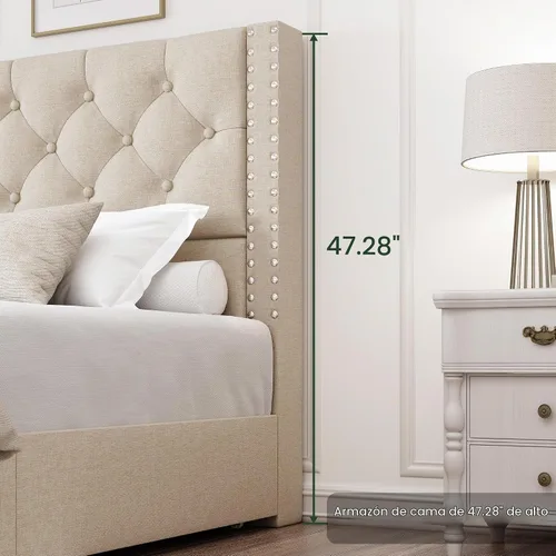 Vista 9 de LARMACE Base de cama tamaño matrimonial con 4 cajones de almacenamiento y cabecera copetada, base de cama tapizada en lino con listones de madera