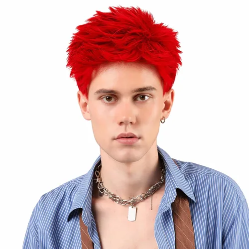 Vista 2 de Peluca roja para hombre, corta, recta, roja, en capas, resistente al calor, reemplazo de pelo sintético Rojo