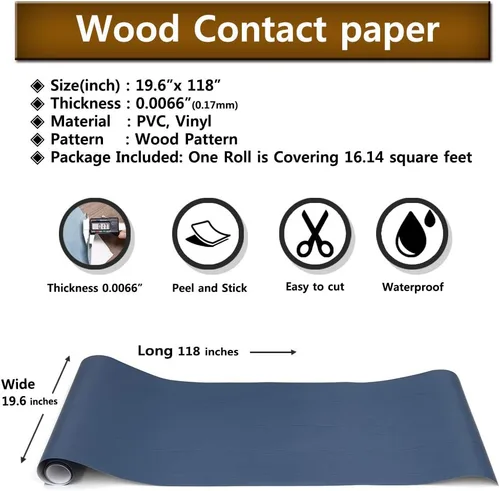 Vista 7 de Papel de contacto autoadhesivo de madera azul oscuro, 19.6 x 118 pulgadas, película autoadhesiva decorativa para muebles, papel tapiz autoadhesivo