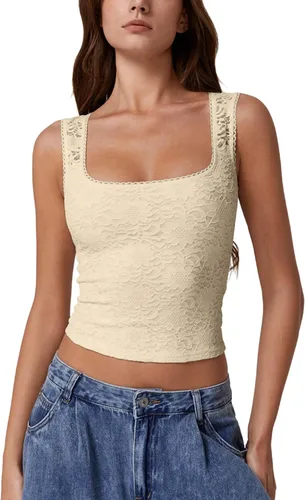 Vista 17 de QINSEN Camiseta sin mangas de doble capa con cuello cuadrado y ribete de encaje para mujer Amarillo claro