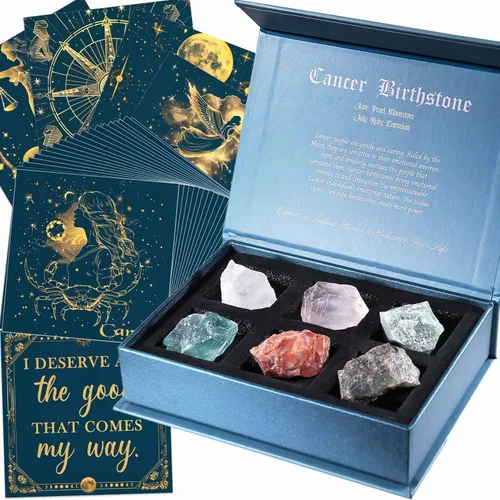 Vista 11 de Faivykyd Regalo de cristales de acuario para mujer, 6 piedras del zodiaco de acuario con 50 tarjetas de afirmación de mantras milagrosos, regalos