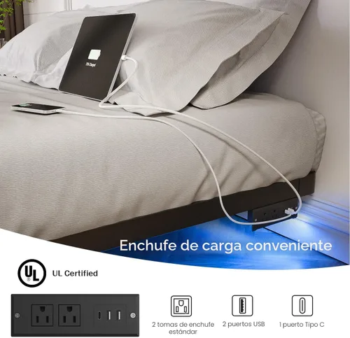 Vista 4 de OLEVS - Marco de cama flotante de metal tamaño matrimonial con luz LED y estación de carga Full Metal Platform Bed Frame with Smart LED, Charging
