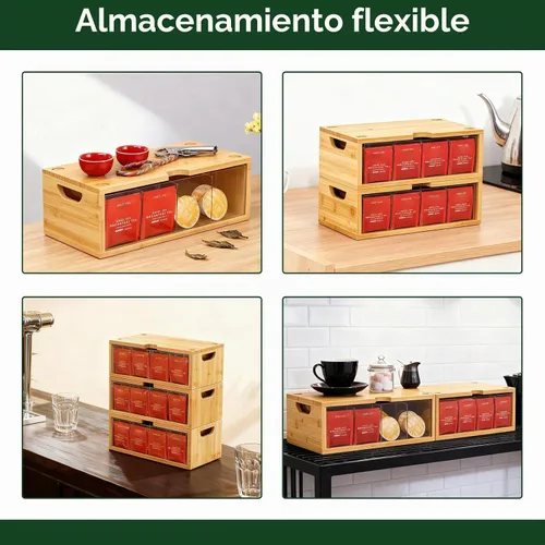Vista 7 de Organizador apilable de bambú para bolsitas de té, 2 piezas Gran capacidad, juego de cajas Natural