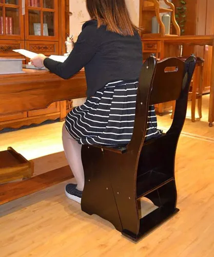Vista 3 de Silla plegable de madera para biblioteca, taburete multifuncional 2 en 1, ligero, portátil, multifuncional, taburete de 4 escalones de doble Nogal