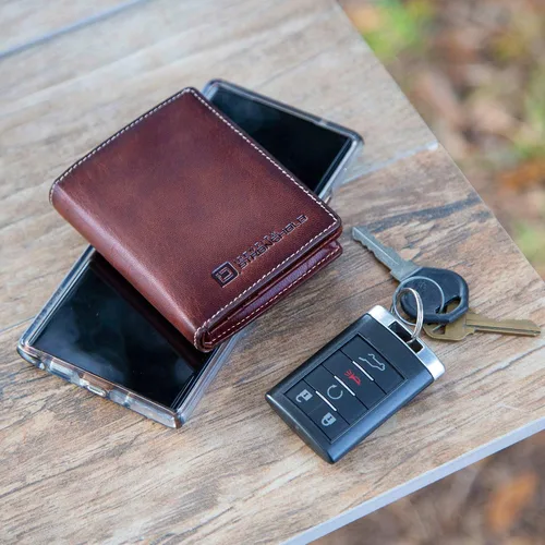 Vista 8 de ID Stronghold Waltlet - Cartera plegable con bloqueo RFID para hombres con cierre magnético Marrón Minimalista