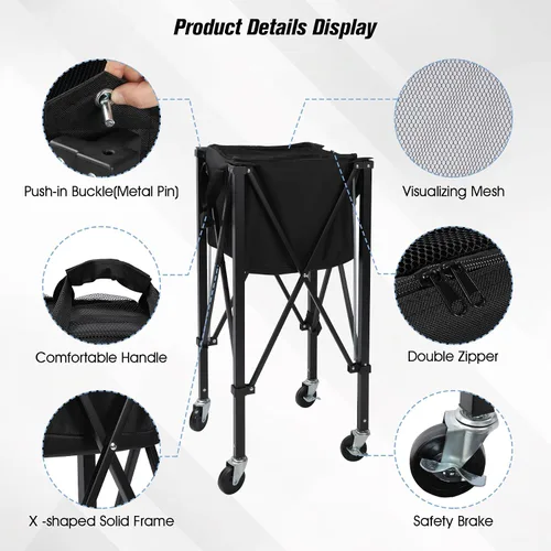 Vista 6 de Tolva portátil para pelotas de tenis con capacidad para 200 bolas, carrito de canasta de pelota de tenis con 4 ruedas y frenos, bolsa de tela Oxford
