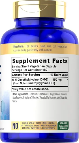 Vista 2 de Carlyle DMG N-dimetilglicina 150 mg 180 cápsulas Suplemento sin OMG, sin gluten