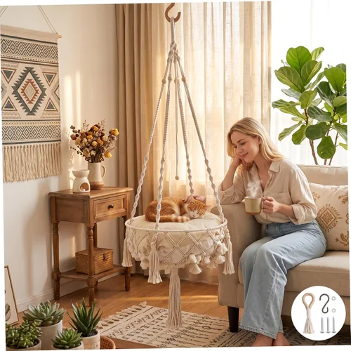 Vista 5 de Beige Breathable Boho Hanging Cat Hammock, Cat Swing Bed, Soft Indoor Hanging Bed, Cozy Pet Swing, Hammock, Relaxing Furniture