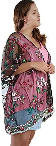 Vista 4 de Umgee Kimono de malla transparente bordado floral para mujer