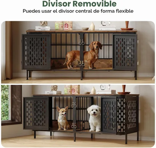 Vista 4 de ONBRILL Mueble de jaula para perros de 63 pulgadas para 1 o 2 perros, jaula doble grande para perros con divisor extraíble, jaula de madera