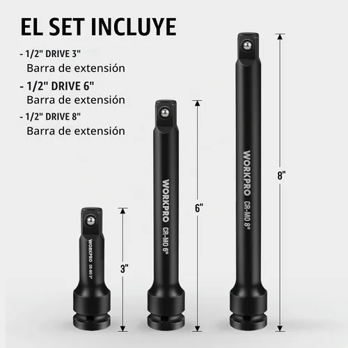 Vista 3 de WORKPRO Juego de barras de extensión de impacto de 1/2 pulgada, 3 piezas - 3, 6, 8 pulgadas de extensión de zócalo, acero CR-MO endurecido y tratado